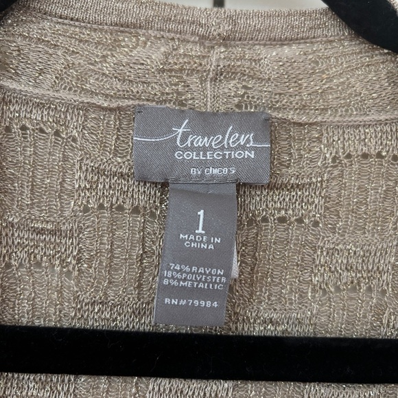 Chicos Travelers Size‎ 1 Cardigan Open Front Metallic Basketweave Chicos Medium - Picture 7 of 14